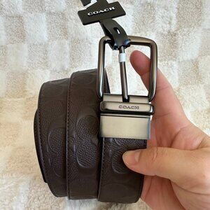 NWT! Coach Men's Brown Signature Leather Wide Harness Reversible Belt F55157